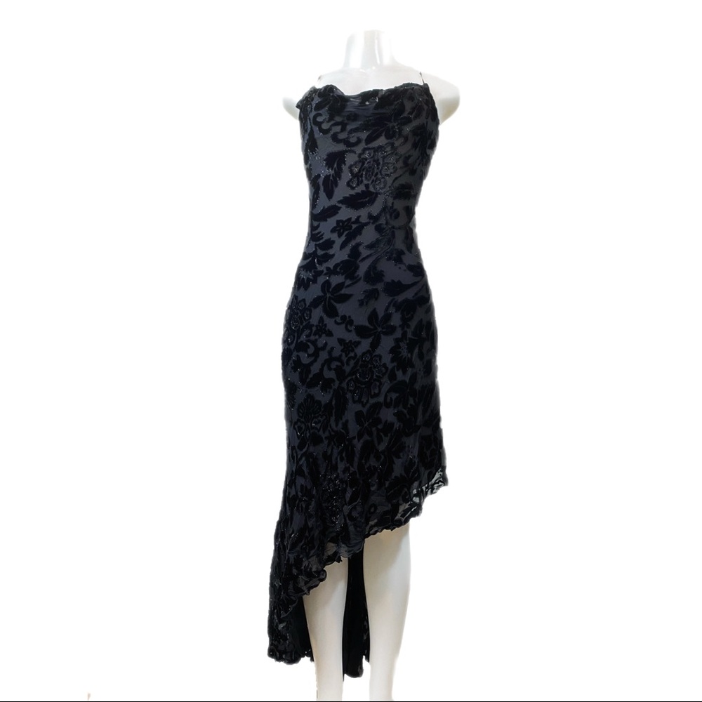 Black Vintage Velvet Burnout Asymmetrical Dress S - Picture 1 of 8